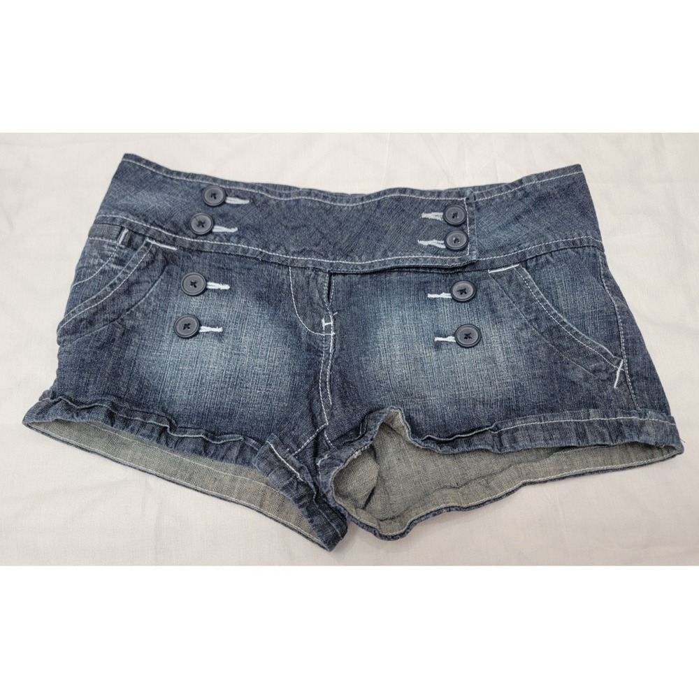 YNQ Denim Shorts Juniors Size 7 Blue Button Accents Pockets Y2K Retro EUC